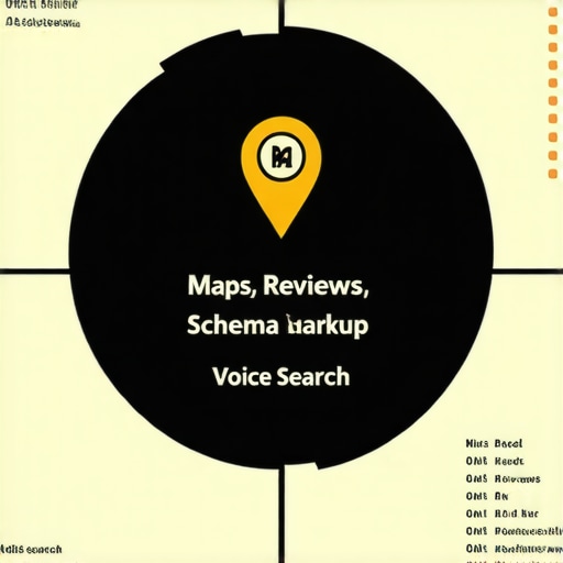 Infographic illustrating key components of modern local SEO including maps, reviews, schema, and voice search.