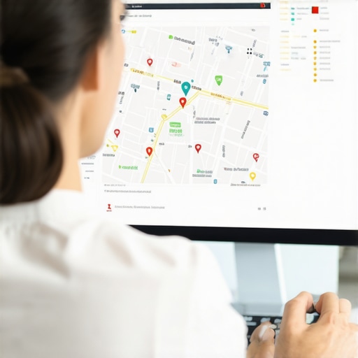 SEO expert analyzing local maps and schema markup data in an office
