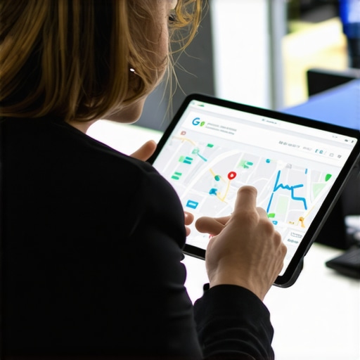 Business owner analyzing Google Maps data on a tablet in an office