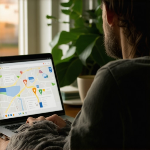 Business owner analyzing local SEO and map data on laptop