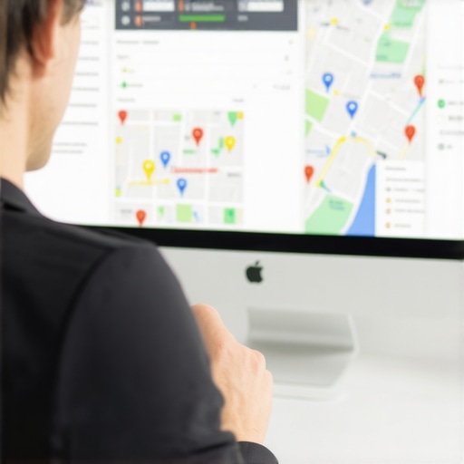 Analyzing Local Search Results for Maps Optimization Business owner reviewing local SEO and maps optimization analytics on a computer screen.