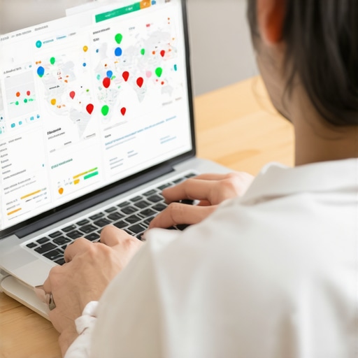 Analyzing Local SEO Data for Map Optimization Person reviewing local SEO analytics on a laptop showing maps and data charts.