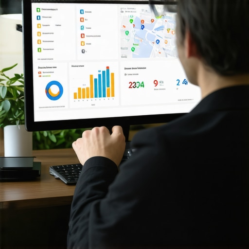 Monitoring Local SEO Performance Person reviewing local SEO metrics on a laptop screen with charts and maps.