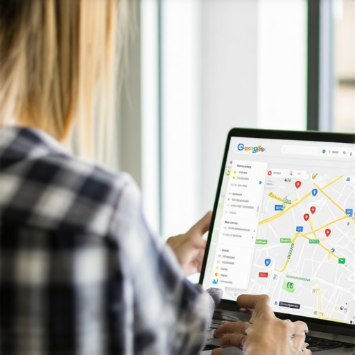 Business owner updating Google My Business profile on laptop with local map in the background