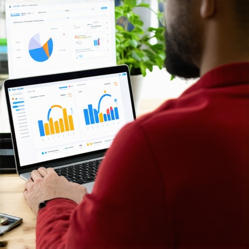 Business owner monitoring local SEO performance on a laptop with analytics charts.