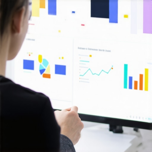 A digital marketer reviewing local SEO analytics on a laptop with charts and graphs.