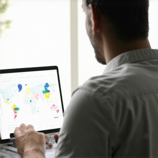 A person reviewing local search analytics on a laptop screen with maps and graphs in an office