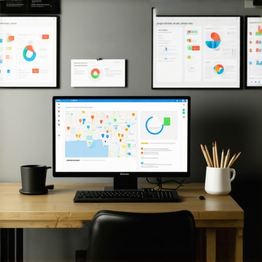 Laptop and monitor displaying SEO analytics and maps for local business growth