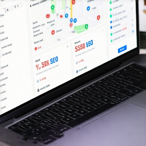 Managing Local SEO Tools Laptop screen showing local SEO and Google Maps analytics dashboards.