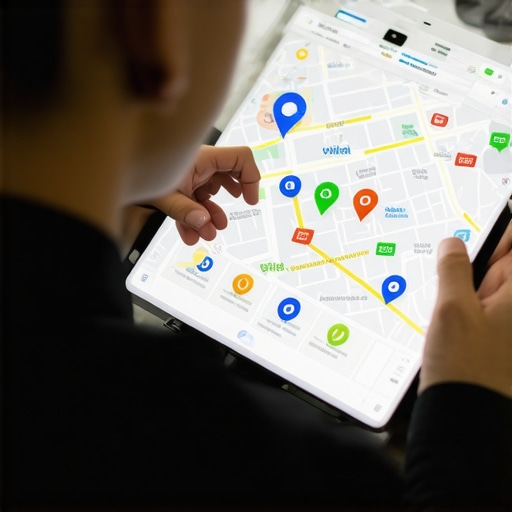 Person reviewing maps and SEO analytics on tablet for local business optimization