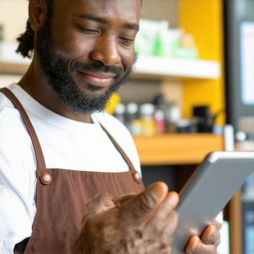 Business owner engaging with customer reviews on digital device in a local shop setting.