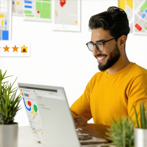 Business owner updating Google My Business profile with maps in background.