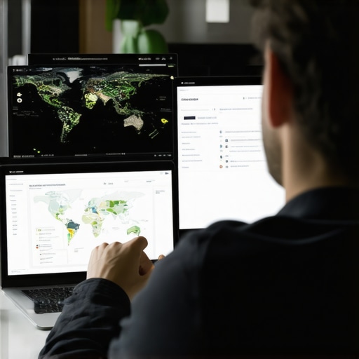 Expert reviewing local SEO analytics on multiple screens, focusing on maps and schema optimization.