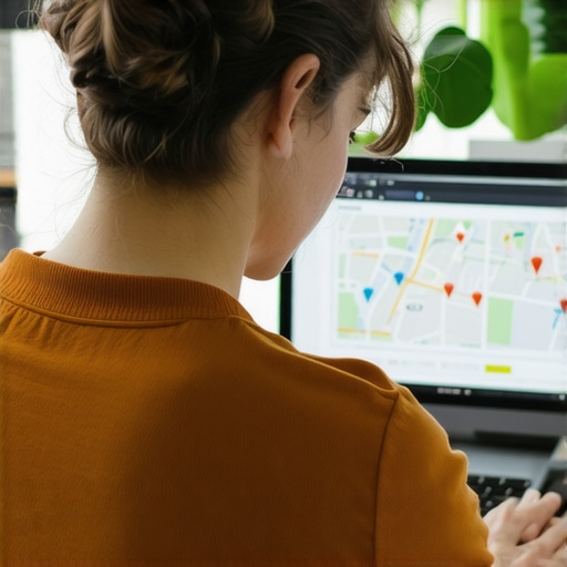 Business owner editing Google My Business profile with local maps and analytics charts
