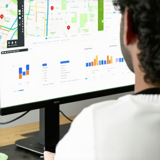 Business owner reviewing local SEO data on a digital screen with maps and analytics.