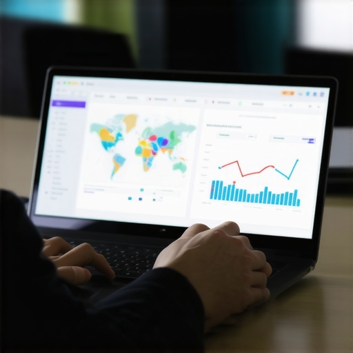 A person working on local SEO analytics on a laptop with graphs and maps.