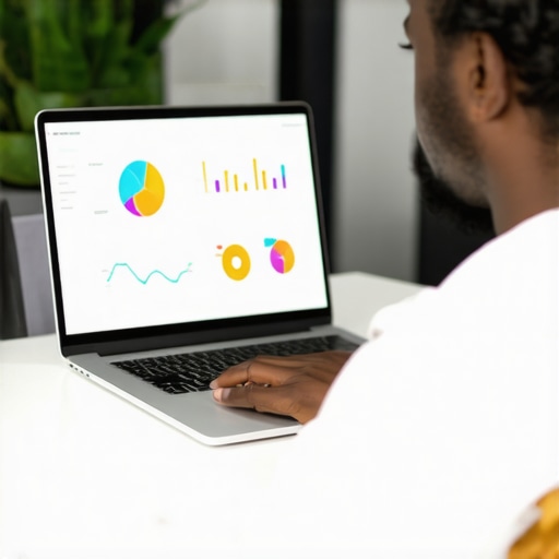 Business Owner Monitoring Local SEO Tools A small business owner analyzing local SEO performance on a laptop inside a contemporary office.