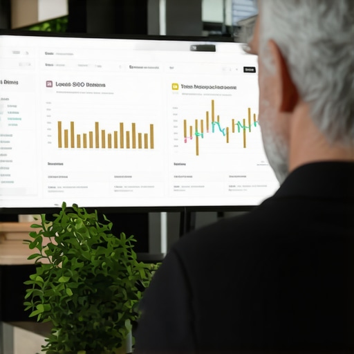 Digital SEO Dashboard for Local Business Maintenance Business owner reviewing local SEO performance metrics on a computer screen
