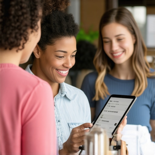 Business owner reviewing customer feedback on a tablet in store.