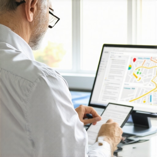 Business owner analyzing maps and SEO analytics on a laptop for local search optimization.