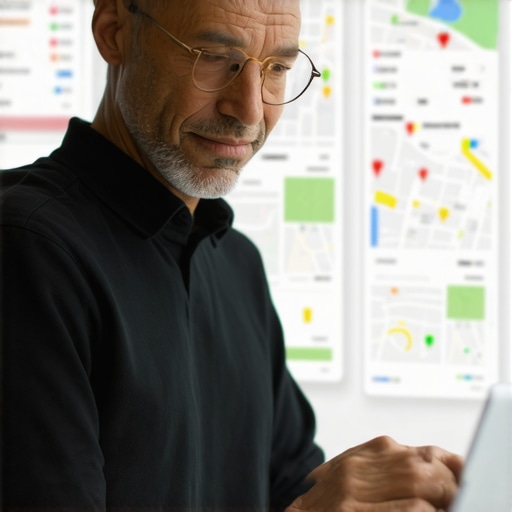 Business owner updating Google profile on laptop with maps analytics