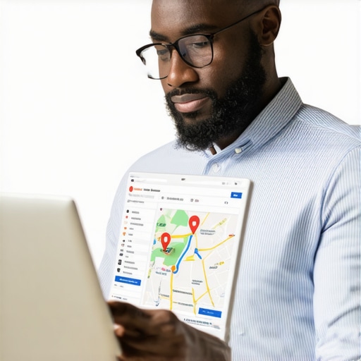 Business owner editing Google Maps listing on laptop, emphasizing local search optimization.