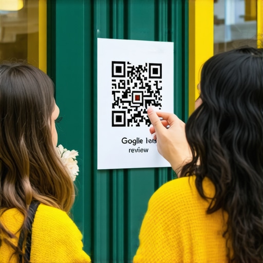 Customer using smartphone to scan QR code for leaving a review at a local shop.