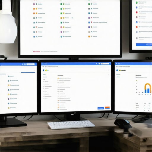 A professional workspace showing screens with SEO tools like BrightLocal, Google Search Console, and SEMrush