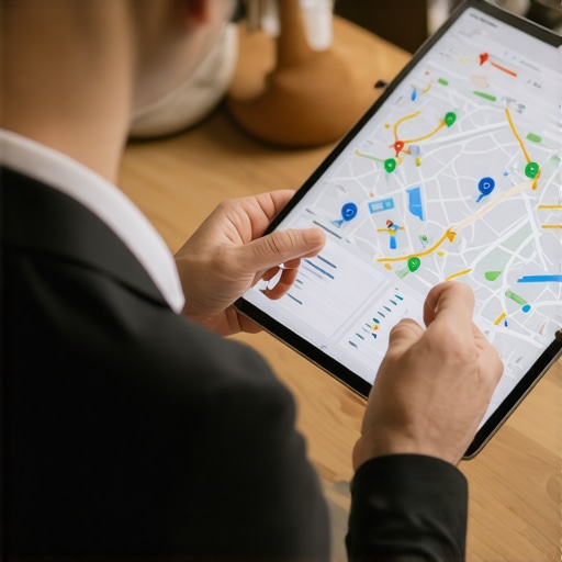 Analyzing Local SEO Data Business owner reviewing local SEO analytics and maps on a tablet.