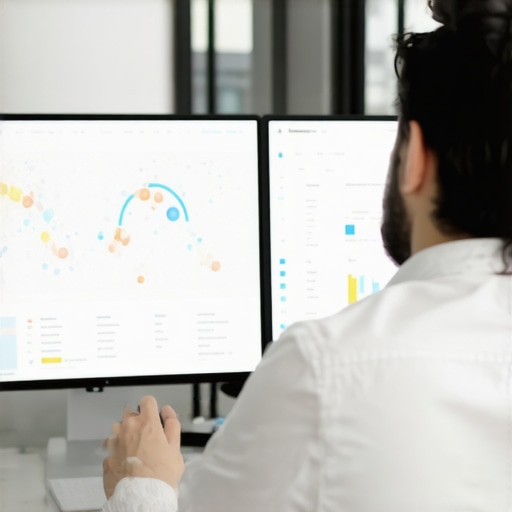 Analyzing Local Search Data Digital marketer reviewing maps optimization performance on two screens in a modern office