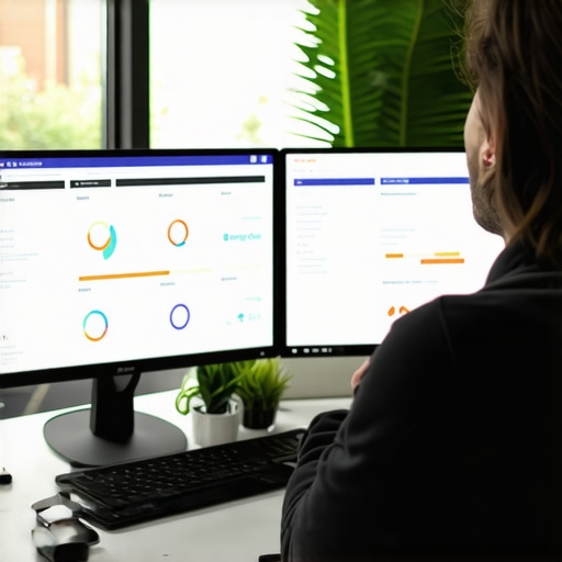 Local SEO Tools for Business Maintenance Photograph of a workspace with monitors displaying BrightLocal and SEMrush analytics for local SEO management.