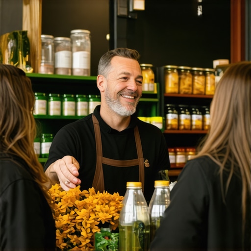Business owner happily interacting with customers inside a cozy shop.