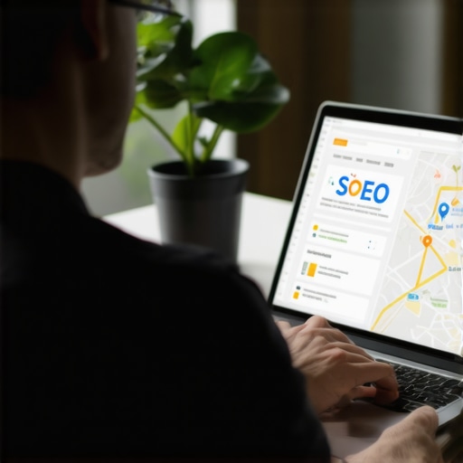 A person working on local SEO and maps tools on a laptop in an office setting.