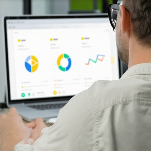 Optimizing Local SEO Tools in Action Business owner analyzing local search metrics on a laptop screen with maps and review icons