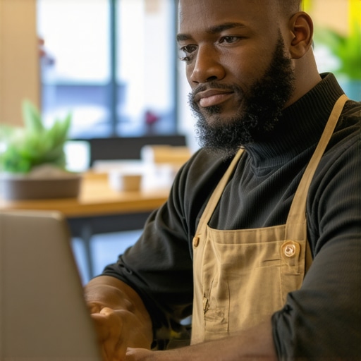 Business owner editing Google My Business profile on laptop.