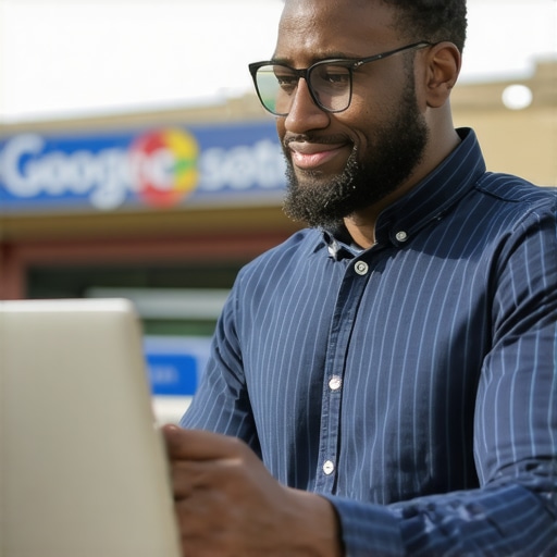 Business owner updating Google profile on computer with storefront in background.